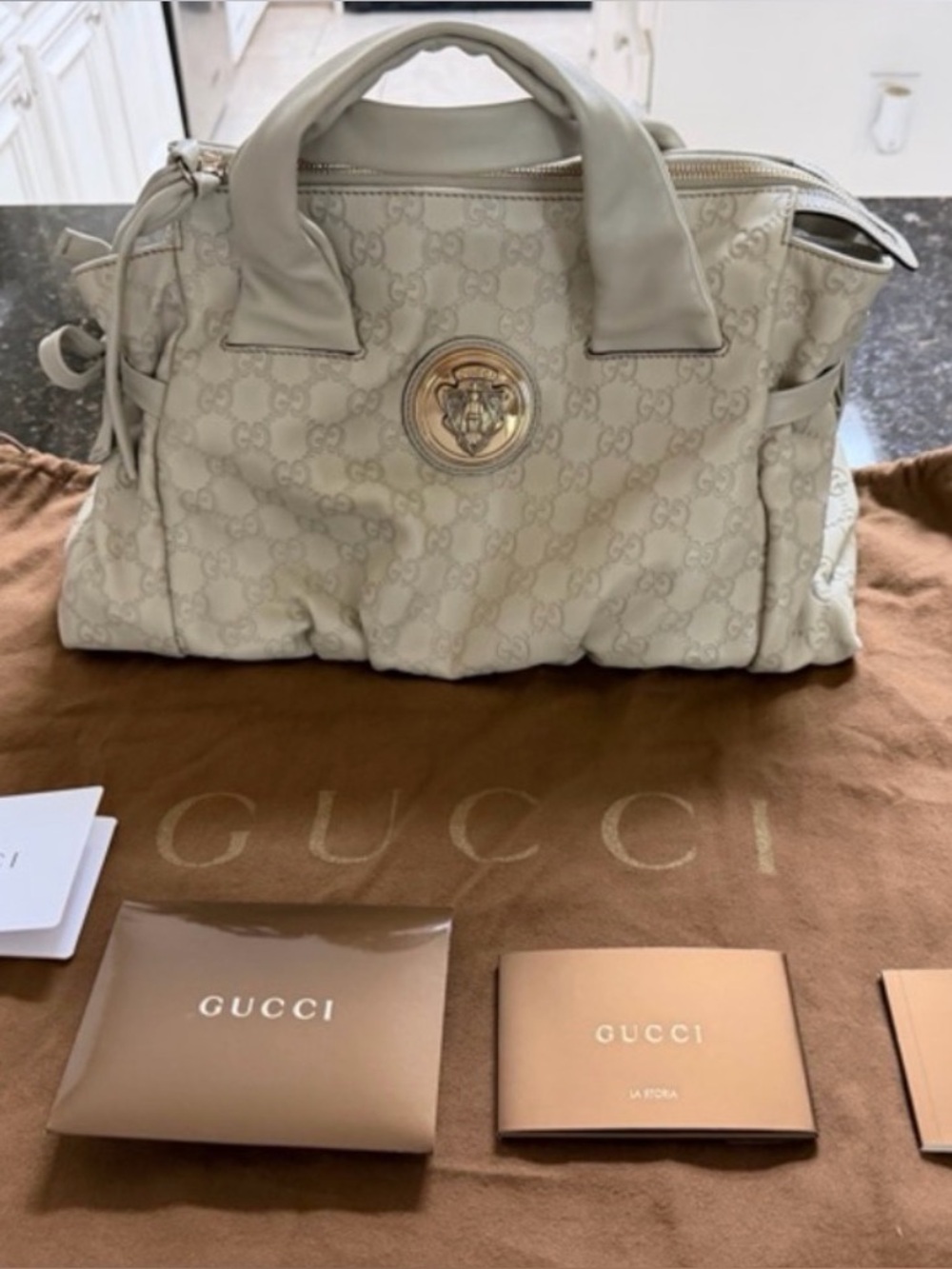Gucci Cream GG Monogram Top-Handle Tote with Gold Medusa Emblem